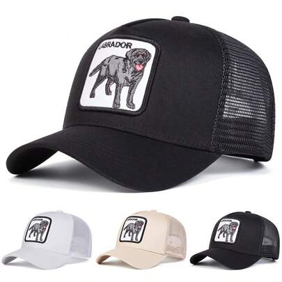 1pc Men's Labrador Time Trucker Hat, Personalized Letter Embroidery Baseball Cap, Streetwear Casual Mesh Hat For Spring, Autumn, Travel, Beach