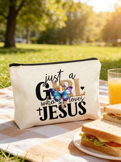 Polyester Zipper Makeup Bag With Butterfly Cross Pattern "Jesus", A Reusable Design Makeup Bag, Featuring A Lightweight Hand-Painted Style, Lightweight, Makeup And Toilet Storage Bag, Zipper Makeup Bag, Lightweight Coin Wallet, Makeup Bag, Storage Bag, Travel Accessories