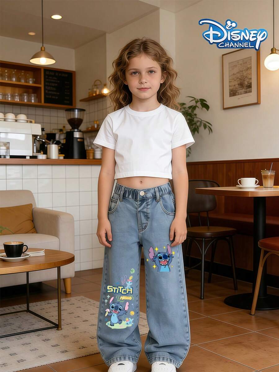 Disney Stitch Children's Jeans Spring/Summer 2026 Elastic Waist Loose Wide Leg Pants, Children's Cartoon Casual Pants - 藍色 - 查看 1