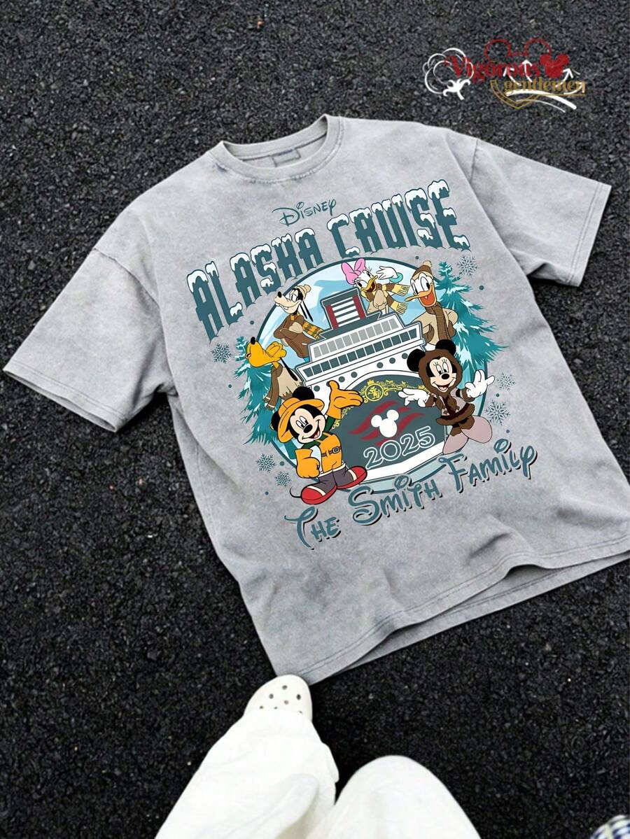 Disney Alaska Cruise Family Souvenir Graphic T-Shirt, Summer Vintage Washed 230g Heavyweight Short Sleeve - 灰色 - 查看 1