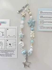1 Piece Summer Cute Blue Starfish Crystal Pearl Star Pendant Phone Lanyard, Ins Style Pearl Phone Lanyard Ornament Bag Lanyard Car Keychain - Multicolor - View 1
