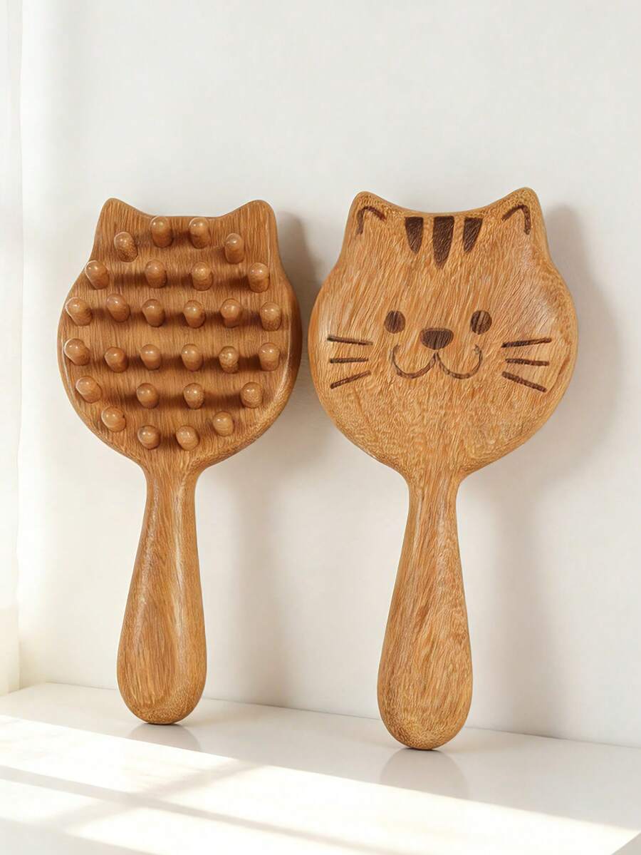 1pc Cute Massage Brush, Sandalwood Cat Massage Comb, Natural Wood Texture, 3D Cat Shape, Smooth Teeth, Soothing Massage, Relaxation, Coarse Tooth Comb, Gift, Valentine's Day, Home Care, Daily Grooming, Approx. 16CM Length - Massage Comb - View 1