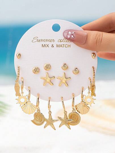 18-częściowy zestaw pozłacanych kolczyków z rozgwiazdą słoneczną dla kobiet - minimalistyczne kolczyki-koła z zawieszkami w kształcie ryb, rozgwiazdy i muszli - malutkie kolczyki-rozgwiazdy - letnia biżuteria w stylu boho, prezent dla niej