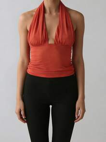 Camisetas sin mangas para mujer, color liso, cuello halter, chalecos casuales, moda de verano, camisetas sin mangas, estilo streetwear - Rojo - Ver 3