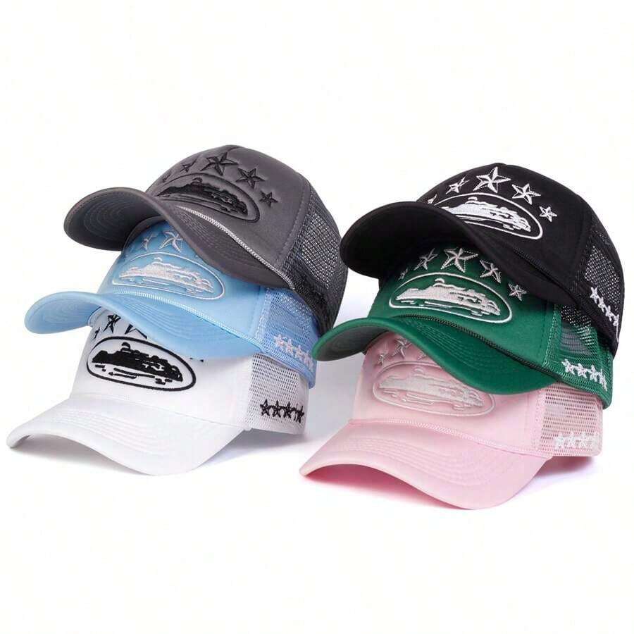 1pc Women Five-Pointed Embroidery Truck Driver Hat, Fashionable Baseball Cap With Mesh, Casual Outdoor Hat Spring Autumn Traveling, Beach Holiday Halloween - Black - View 1