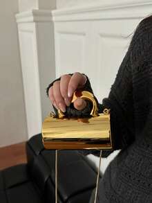 Avant-Garde Shiny Gold Handbag, Party Evening Bag, Glossy Silver Purse, Mini Chain Shoulder Bag, Lipstick & Earphone Pouch, Coin Purse - Gold - View 5