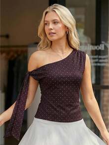 Women Tank Tops Off One Shoulder Sleeveless Dot Print Ruched Summer Crop Going Out Vest - Brown - View 1