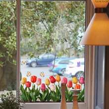 1 miếng dán trang trí cửa kính nhà hình hoa tulip và bướm nhiều màu sắc mùa xuân/hè, tự dính. - Một cỡ - Xem 7