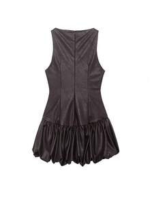 Women's Sweet & Breezy Sleeveless Ruffle Hem Mini Dress, Spring/Summer - Coffee Brown - View 2