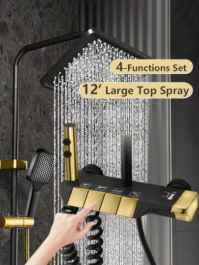 YAOPENG Rain Shower With Fitting, Shower Fitting Complete Set, Stainless Steel Shower System, Black Gold With 30 X 20 Cm Square Shower Head Rain Shower, Shower Set, Shower Set With Hand Shower, 3 Jet Types