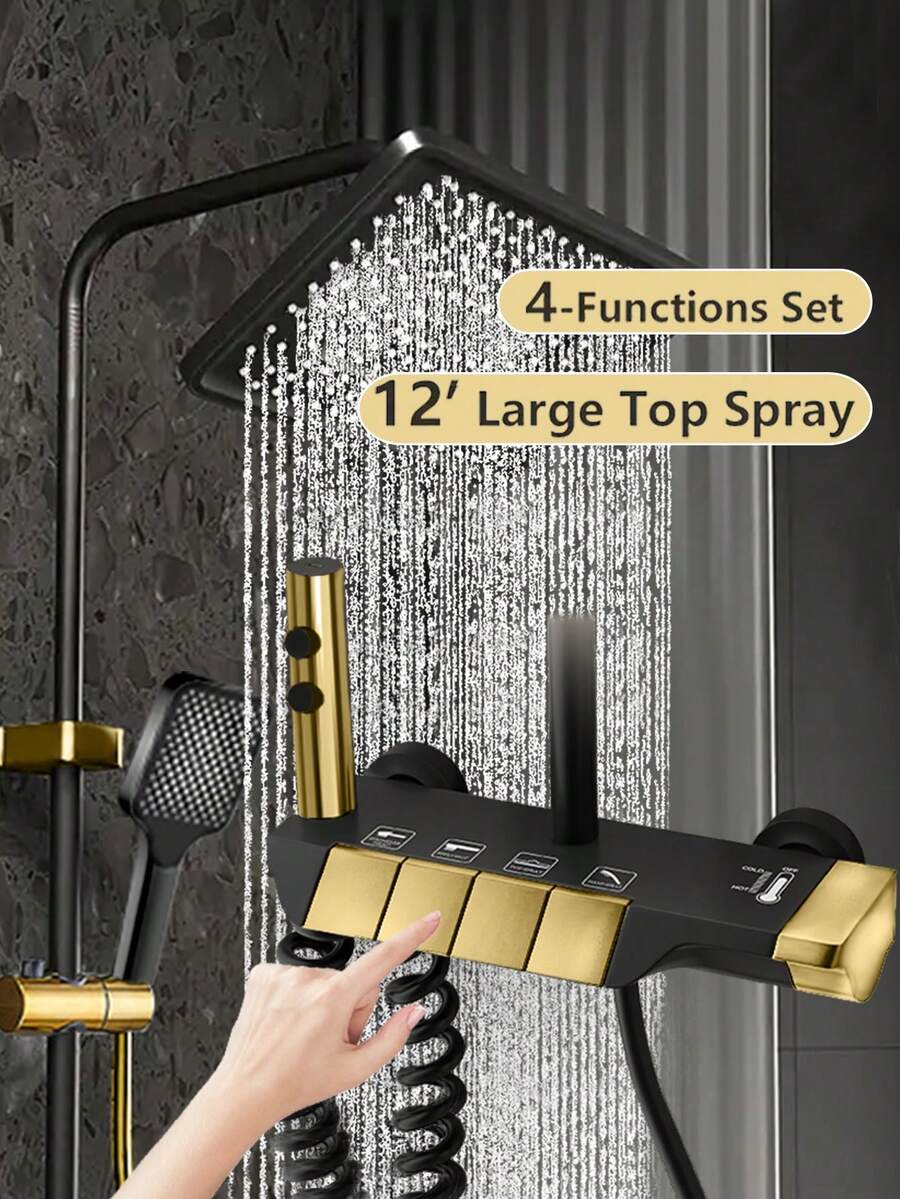 YAOPENG Rain Shower With Fitting, Shower Fitting Complete Set, Stainless Steel Shower System, Black Gold With 30 X 20 Cm Square Shower Head Rain Shower, Shower Set, Shower Set With Hand Shower, 3 Jet Types - Multicolor - View 1