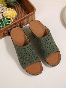 Vintage Hollow Out Chunky Heel Slide Sandals, Open Toe Mules, Casual High Heels - Navy Blue - View 3