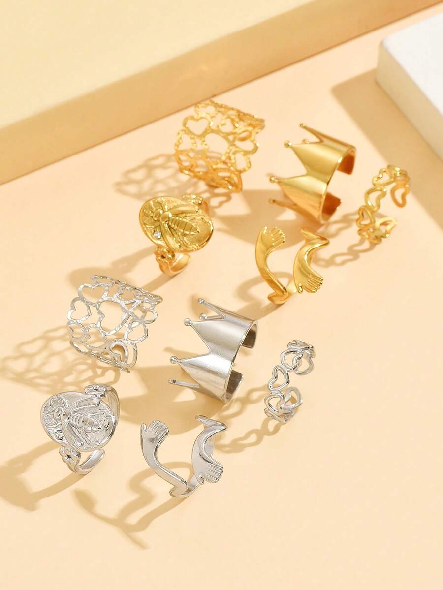 5pcs/Set Fashion Multi-Element Crown Open Ring, Stainless Steel Hollow Heart Ring, Waterproof Non-Fading Finger Jewelry For Women, Holiday Gift & Party Wear - Multiple Elements - View 1