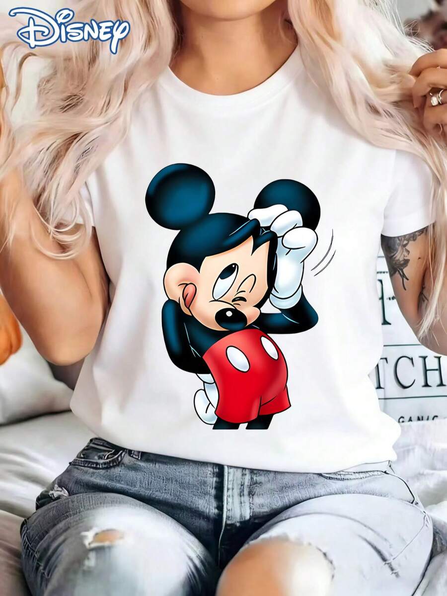 Disney Funny And Shy Mickey Mouse Print Cartoon Women's T-Shirt, Casual And Stylish Round Neck Short-Sleeved Summer Top, Cute And Youthful Sportswear, Suitable For Outdoor Daily Casual Wear.Made From Soft, Comfortable, And Durable Pure Cotton, This Is An Ideal Choice For Spring And Summer. This Crew Neck T-Shirt Is Suitable For Various Occasions, Including Everyday Wear, Shopping, Parties, Travel, And Gatherings, And Also Makes A Thoughtful Gift. - White - View 1