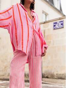 女式粉色条纹宽松衬衫，优雅休闲上衣适合通勤、日常穿着、情人节、户外、春夏季 - 粉條紋 - 查看 3