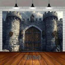 1pc 2D Flat Stone Castle Walls Wooden Medieval Door Coat Of Arms. Suitable Halloween Or Medieval Themed Party Decor. Photography Prop Background Fabric Multiple Sizes To Choose From - 多色 - 查看 4