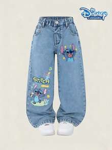 Disney Stitch Children's Jeans Spring/Summer 2026 Elastic Waist Loose Wide Leg Pants, Children's Cartoon Casual Pants - 藍色 - 查看 2