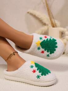 Christmas Fuzzy Slippers For Women Men - Reindeer/Christmas Tree Embroidered Teddy Fleece Closed-Toe Slippers, Warm Non-Slip Home Shoes For Winter Holiday - Hijau - View 5
