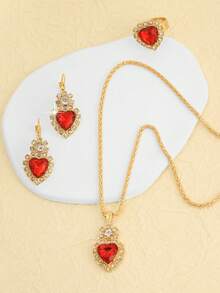 一套法式宫廷风格红色心形耳环+项链+戒指首饰套装，新娘首饰套装 - 彩色 - 查看 3