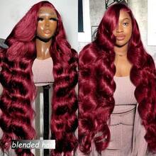 26 Inches 180% Density 13x4 Body Wave Lace Front Wigs Human Blended Hair Pre Plucked 13x4 HD Transparent Lace Frontal Wigs Human Blended Hair 180% Density Glueless Wigs Human Blended Hair Wig For Natural Hairline With Baby Hair 99J Burgundy - S99J/BUG - View 3