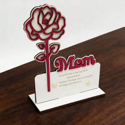 木质玫瑰花牌匾“妈妈”，母亲节桌面摆件，送给妈妈的小礼物