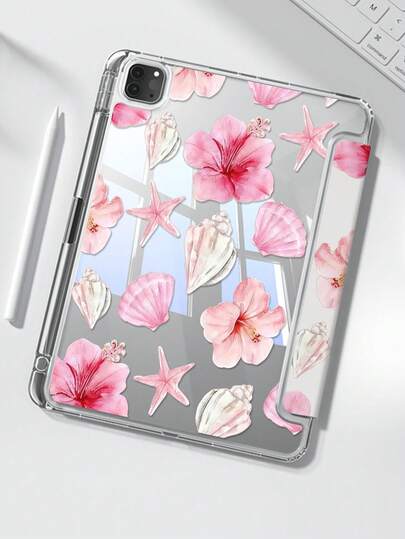 这款精美可爱的卡通粉色花朵、贝壳和海星双面亚克力水晶透明后盖，防震耐用，适用于iPad第7、8和10代（10.2英寸）。它内置笔槽，支持睡眠/唤醒功能和多种折叠支架模式，是理想的送礼之选。