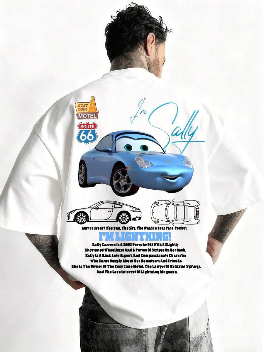 Disney-American Retro Sally Carrera Heavyweight Pure Cotton Short Sleeved | "Cars" 911 Printed T-Shirt - White - View 1