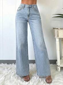 Elegant & Casual Women's Wide Leg Jeans, Denim Effect, Solid Color Washed, Full Length, Medium Stretch Spring - Baby Blue - View 5