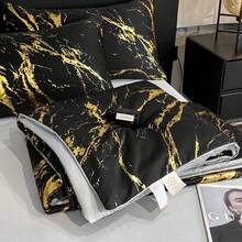 1件极简主义大理石纹箔水洗桑蚕丝轻盈透气柔软夏季被子，可机洗，适合卧室和客房四季使用（不含枕头和枕套） - 流金-墨黑 - 查看 8