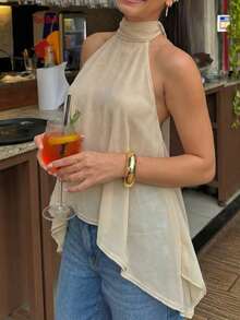 Solid Color Asymmetric Asymmetrical Knot Vacation Cold Shoulder Top Summer - Apricot - View 8