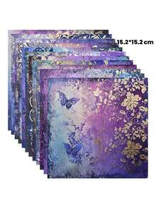 12/24pcs Gold Butterfly & Purple Floral Stickers, 15.2*15.2cm, Acid-Free Woodfree Handmade Paper, DIY Scrapbooking Gift Wrapping Decor, Home Living Room Wall Decor, Butterfly Theme Decorative Paper - Purple Memories - View 11