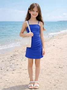 Blue Spaghetti Strap Fitted Dress, Summer Vacation/Party Style, Suitable For Girls 8-12 Years Old - Green - View 4