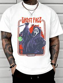 Figura de espectro enmascarado que levanta un cuchillo reflejando la energía del miedo y la emoción de una noche de misterio con fuego de fondo y detalles que evocan tensión camiseta de hombre casual moderna cómoda para uso diario - Blanco - Ver 1