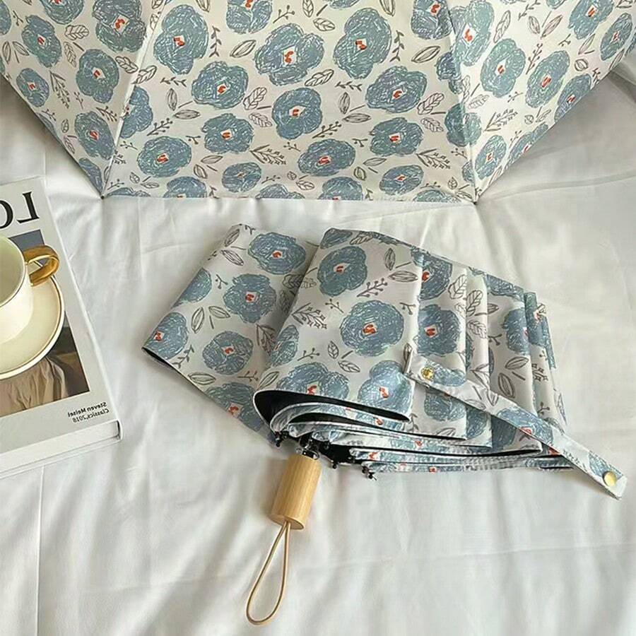 French Ins High-Quality Ditsy Floral Umbrella, Wooden Handle Sunshade Anti-UV Foldable Dual-Use Umbrella - Floral Umbrella - View 1