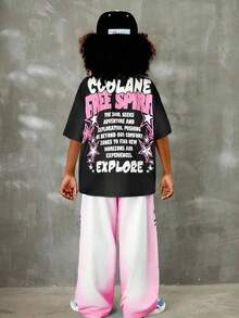 2pcs/Set Kids Hip Hop Style Character Print T-Shirt + Ombre Star Wide Leg Pants Street Fashion Outfit - Multicolor - View 2