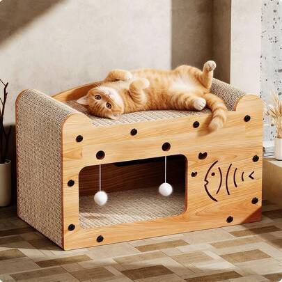 Stylish 2-In-1 Cat Scratcher & Resting Bed – Solid Wood Frame, Durable Sisal Surface For Healthy Scratching