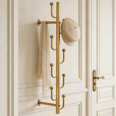 رف معلق على الحائط بشكل قوس لتعليق الملابس والقبعات والحقائب - تصميم معدني حديث وموفر للمساحة مع خطافات متعددة - هيكل من الحديد المقاوم والمتين، مناسب للمدخل والغرفة والصالة - يتطلب التجميع