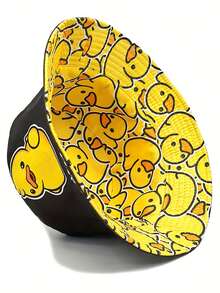Reversible Cartoon Duck Print Bucket Hat, Suitable For Outdoor Travel And Beach - A - View 2