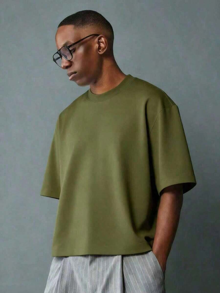 Oversized Boxy Cut Short Sleeve Jersey T Shirt Casual Crop Fit Streetwear Modern Minimalist All Season Essential Top-Comfortable Retro Cotton T-Shirt-K91-Unisex Casual Vintage Street-Style Loose-Fit Cotton T-Shirt Top - 綠色 - 查看 1