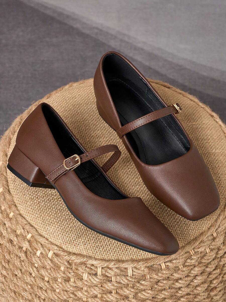 MonaNise 咖啡色玛丽珍方头3厘米高跟鞋，适合工作、晚宴、派对等场合，复古黑色、卡其色休闲百搭高端时尚鞋履 - 咖啡棕 - 查看 1