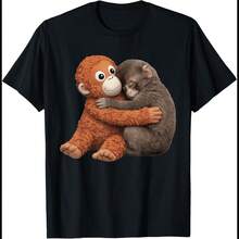 Monkey Punch Baby Hugging Orange Plush Cute T-Shirt - 黑色 - 查看 1