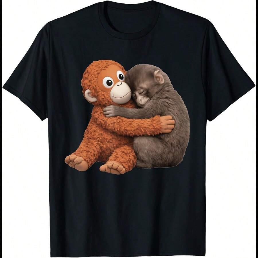 Monkey Punch Baby Hugging Orange Plush Cute T-Shirt - 黑色 - 查看 1