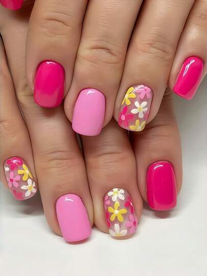 24片装欧式方形短款假指甲，可爱多色花卉图案，时尚简约花卉方形可佩戴假指甲，可拆卸按压式，适合派对、晚宴和日常佩戴