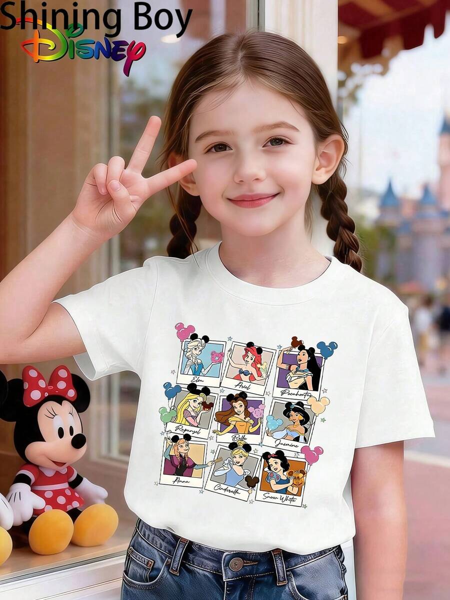 Disney Elsa,Ariel,Pocahontas,Rapunzel,Belle,Jasmine,Anna,,Snow White Princess Cartoon Print, Casual And Simple Short Sleeved T-Shirt, Suitable For Wearing In Spring And Summer Seasons, Suitable For Both Boys And Girls. Festival Gift - 白色 - 查看 1
