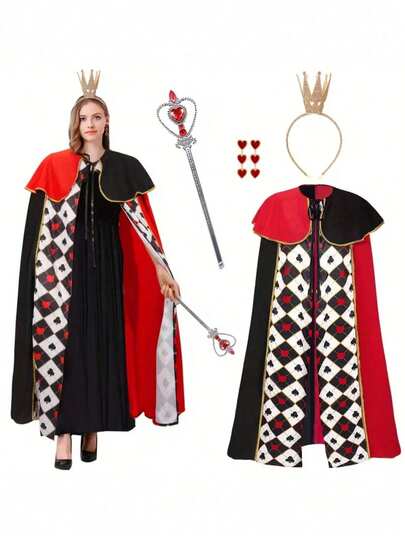 成人款“红心皇后”角色扮演披风，适合嘉年华、派对、舞台表演、摄影活动，也是理想的情人节礼物。