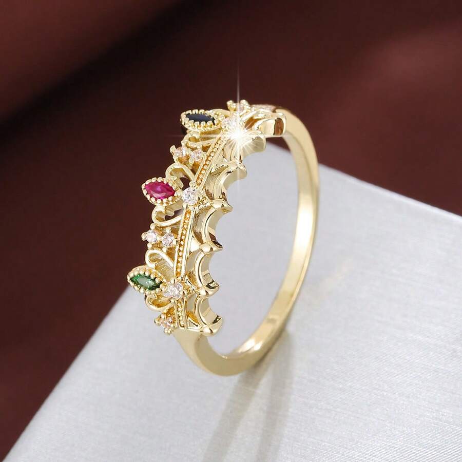 1 chiếc nhẫn thiết kế hình vương miện thanh lịch đính đá Cubic Zirconia dành cho nữ - Nhiều màu - Xem 1