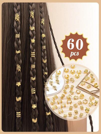 60PCS Hair Jewelry For Braids Gold Braid Clips Non-Piercing Ear Cuffs Summer Multi Style Dreadlock Jewelry Metal Loc Braids Accessories Hair Decoration For Women And Girls