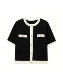DEEKA Summer New Women's French Contrast Color Button Round Neck Fitted T-Shirt Short Sleeve Knit Cardigan - Black 1 - View 2