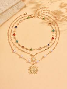 3pcs/Set Kalung Rantai Emas Elegan Modis Buatan Tangan dengan Batu Permata Kaca Warna-warni, Perhiasan Kalung Liontin Matahari Emas Serbaguna untuk Wanita, Cocok untuk Pemakaian Sehari-hari, Kencan, Makan Malam, Perjalanan & Liburan - MultiWarna - View 2