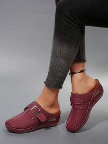 Mocasines casuales para mujer, zapatos de plataforma con cuña y decoración de hebilla de unicolor - Burdeos - Ver 7